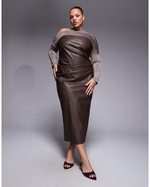 ASOS Asos Design Curve Fallen Shoulder Pu Bandeau Midi Dress - Brown