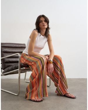 TOPSHOP Stripe Crinkle Tie Waist Wide Leg Pants - Brown