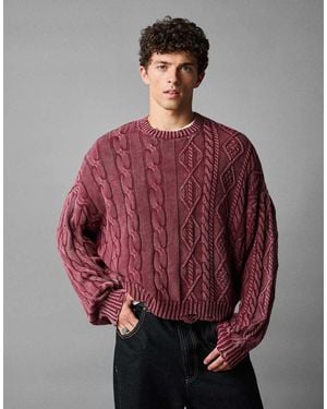 Bershka Washed Cable-Knit Jumper - Red