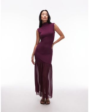 ASOS Dropped Waist Mesh Maxi Dress With Grown On Neck - Purple
