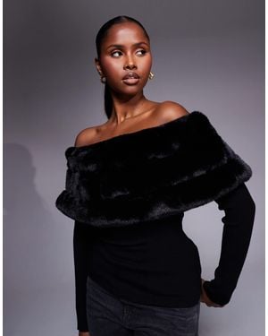River Island Faux Fur Trim Bardot Sweater - Black