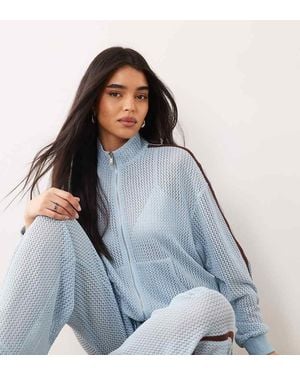 Kaiia Exclusive Crochet Zip Through Contrast Stripe Track Jacket Co-ord - Blue