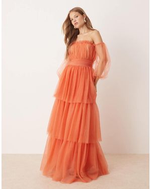 True Decadence Bardot Tiered Maxi Dress - Orange