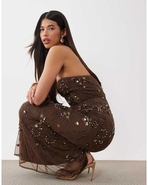 Beauut Embellished Corset Strapless Slit Back Maxi Dress - Brown