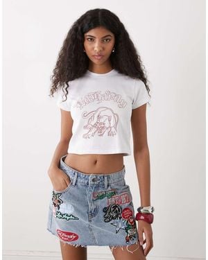 Ed Hardy Multi Badge Tattoo Denim Mini Skirt - White