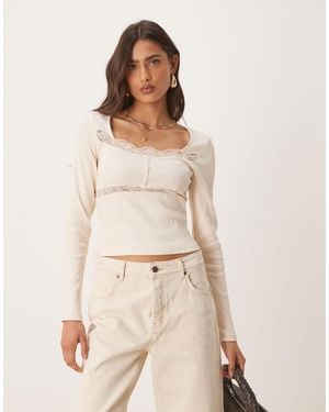 ASOS Ribbed Long Sleeve Top With Lace And Button Detail - Natural