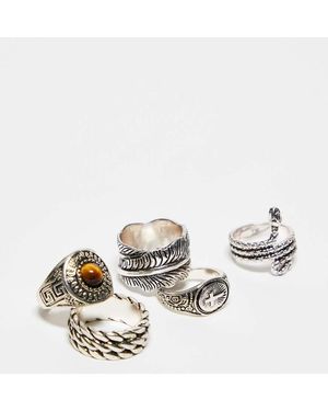 ASOS 5 Pack Signet Rings With Wrap Around Snake And Feather Design - White