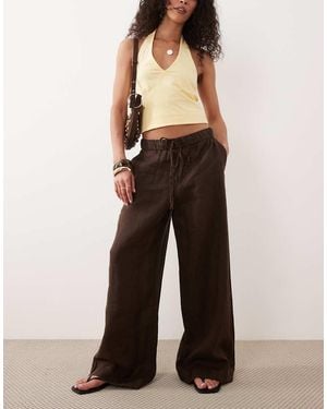 Mango 100% Linen Button Detail Straight Trouser - Brown