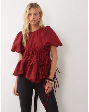 Ghospell Exclusive Cotton Bubble Drawstring Detail Top - Red