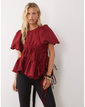 Ghospell Micaela Exclusive Puff Sleeve Ruched Detail Top - Red