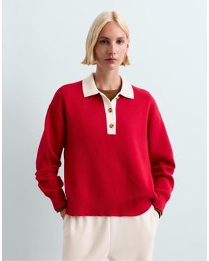 Oysho Contrast Knit Polo Jumper - Red