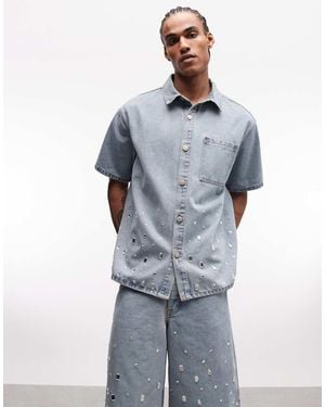 Liquor N Poker Rhinestone Embellished Denim Shirt - Blue
