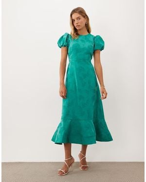 Sister Jane Jacquard Midi Jurk Met Pofmouwen En Gestructureerde Zoom - Groen