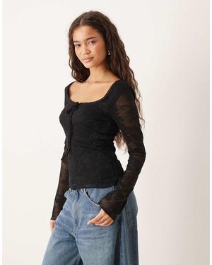 Gina Tricot Long Sleeve Tie Front Flower Jacquard Top - Blue
