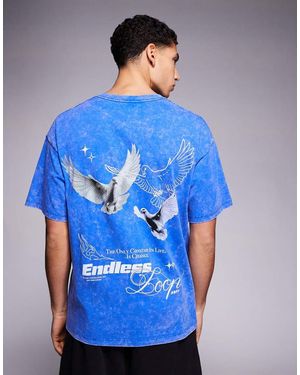 ADPT T-Shirt Oversize Slavato Con Stampa Di Uccelli Sul Retro - Blu