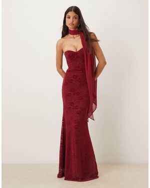 Six Stories Velvet Lace Corset Bandeau Maxi Dress With Neck Scarf - Red