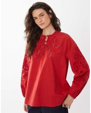 Mango 100% Cotton Embroide Cut Out Blouse - Red