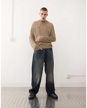 Collusion Unisex Oversized Checkerboard Knitted Jumper - Natural