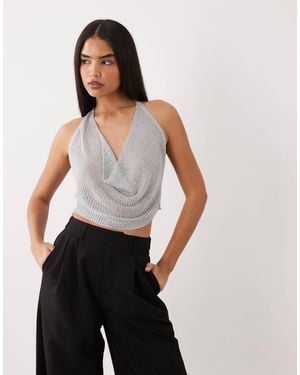 Kaiia Exclusive Metallic Crochet Cowl Neck Top - White