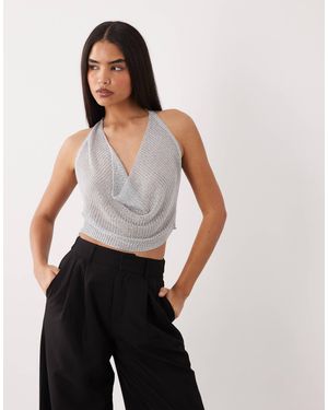 Kaiia Exclusivité - - top à col bénitier en maille crochetée effet métallisé - Blanc