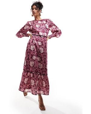 Hope & Ivy In Collaboration With The William Morris Society High Neck Midi Dress With Bow Back In Pink Print - Red