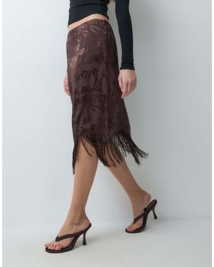 ASOS Satijnen Jacquard Midi-Rok Met Franjes - Bruin