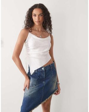 Monki Cowl Neck Satin Cami Top With Ruched Tie Side Detail - Blue