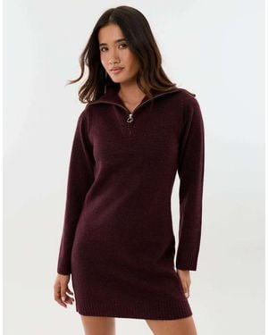 Threadbare Quarter Zip Brushed Knit Mini Dress - Red