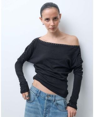 Weekday Top A Spalle Scoperte Morbido A Maniche Lunghe Con Borchie - Blu