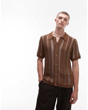 TOPMAN Knitted Viscose Button Through Polo With Metallic Stripe - Brown
