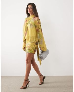 ASOS Printed Mesh Floral Dropped Waist Blouson Tie Neck Mini Dress - Yellow