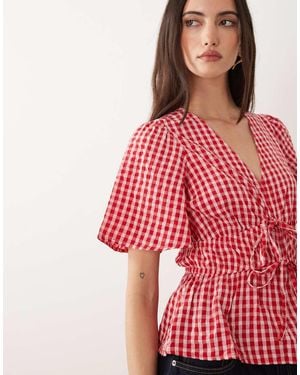 Nobody's Child Cordelia Cotton Rich Puff Sleeve V-neck Peplum Top - Red