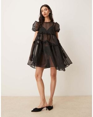 Ghospell Exclusive Sheer Organza Puff Sleeve Tiered Ruffle Asymmetric Hem Mini Dress - Natural