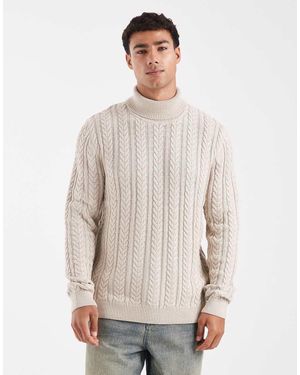 Jack & Jones Premium Cable Knit Roll Neck Jumper - Natural