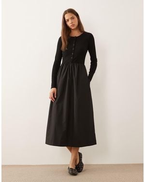 Threadbare Jersey Poplin Mix Midi Dress With Button Through Top - Black