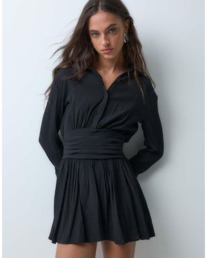 BRONZE SNAKE Mini Shirt Dress With Tie Waist - Grey