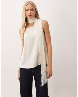 Vila Satin High Neck Fringe Scarf Detail Top - Natural