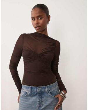 Bardot Sheer Mesh Asymmetric High Neck Ruched Detail Bodysuit - Black