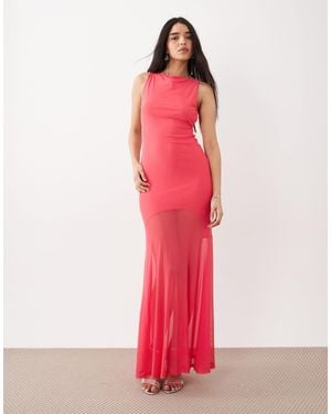 ASOS Mesh High Neck Maxi Dress With Open Back And Double Strap Detail - Pink