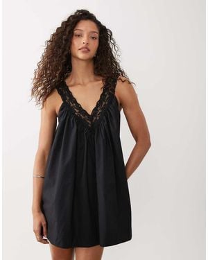 ASOS V Neck Smock Poplin Mini Sundress With Lace Overlay - Black