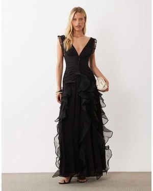 ASOS Vestido Maxi Fruncido Con Detalle Cascada - Negro