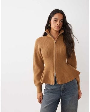 Gina Tricot Wool Shaped Knitted Zip Through Cardigan - Brown
