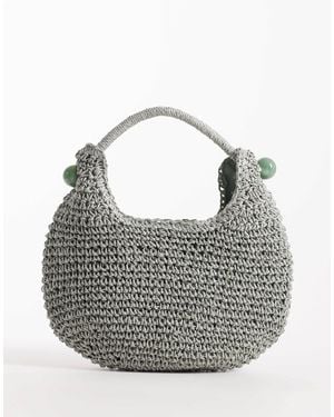 ASOS Straw Hand Crochet Scoop Grab Clutch Bag With Resin Ball Detail - Gray
