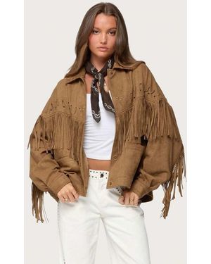 Edikted Evonka Fringe Faux Suede Jacket - Brown