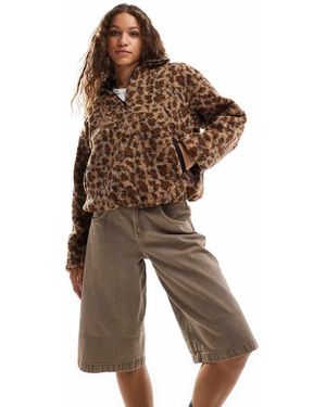 Daisy Street Leopard Borg Crop Jacket - Brown
