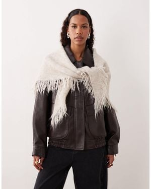 Mango Wool Mix Knitted Fringed Shawl - Natural