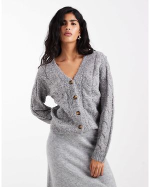 Pieces V Neck Cable Knit Cardigan - Gray