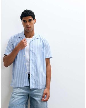 SELECTED Camisa De Manga Corta De Popelina A Rayas En Azul Claro
