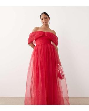 LACE & BEADS Off Shoulder Tulle Maxi Dress - Red