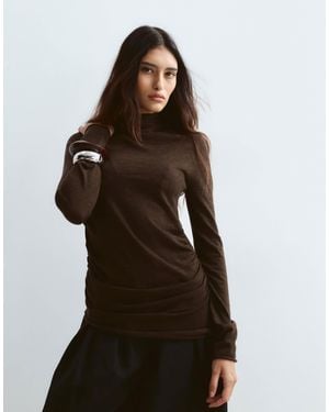 ARRANGE Wool Blend High Neck Ruched Top - Brown